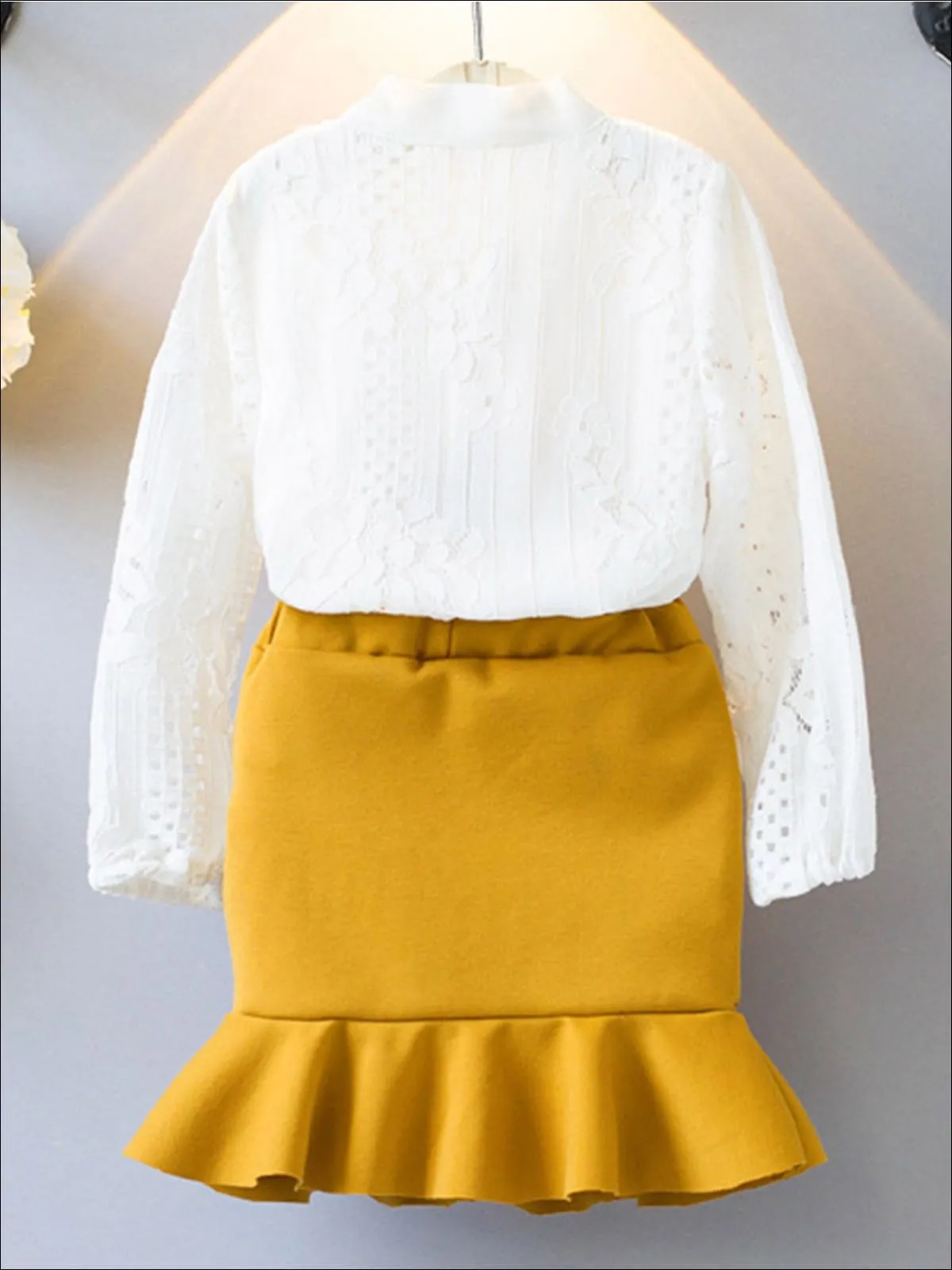 Girls White Lace Long Sleeve Bowknot Blouse And Fishtail Skirt Set