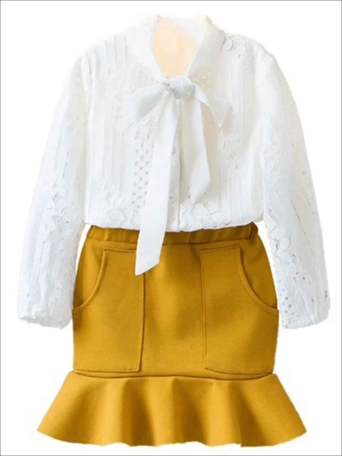 Girls White Lace Long Sleeve Bowknot Blouse And Fishtail Skirt Set