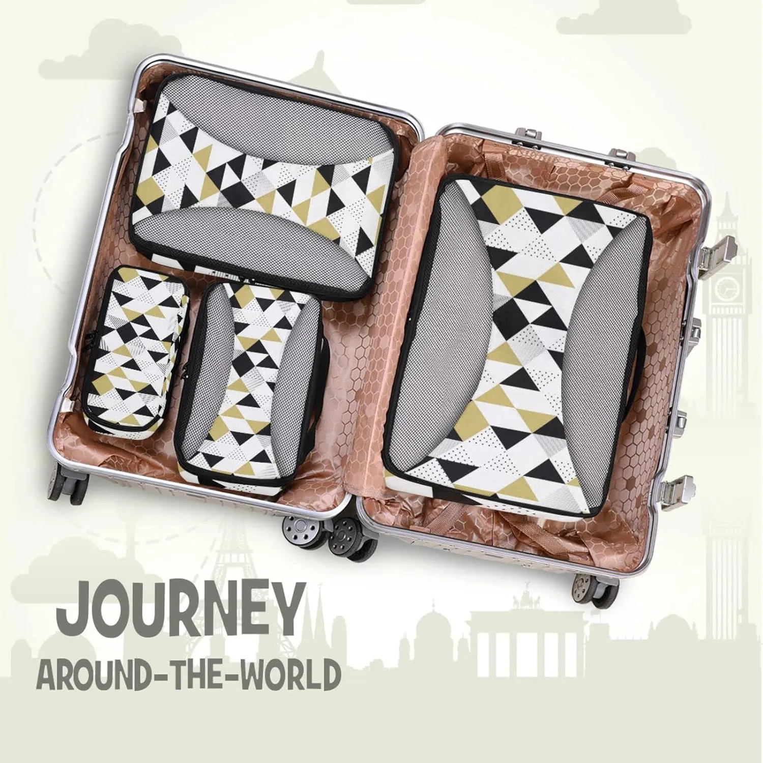 Gold Black and White Triangles, Black Polka Dots Geometric Pattern4 Set Packing Cubes, 600D Oxford Cloth Toiletry Bag, Travel Packing Organizers