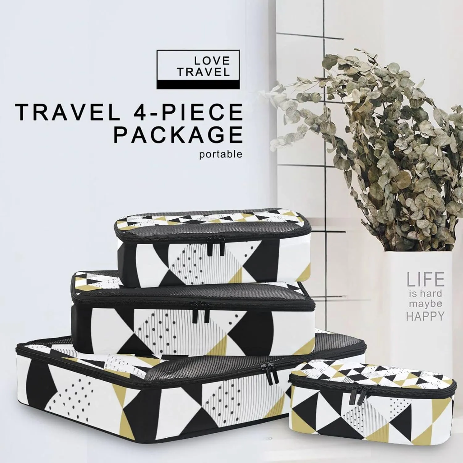 Gold Black and White Triangles, Black Polka Dots Geometric Pattern4 Set Packing Cubes, 600D Oxford Cloth Toiletry Bag, Travel Packing Organizers
