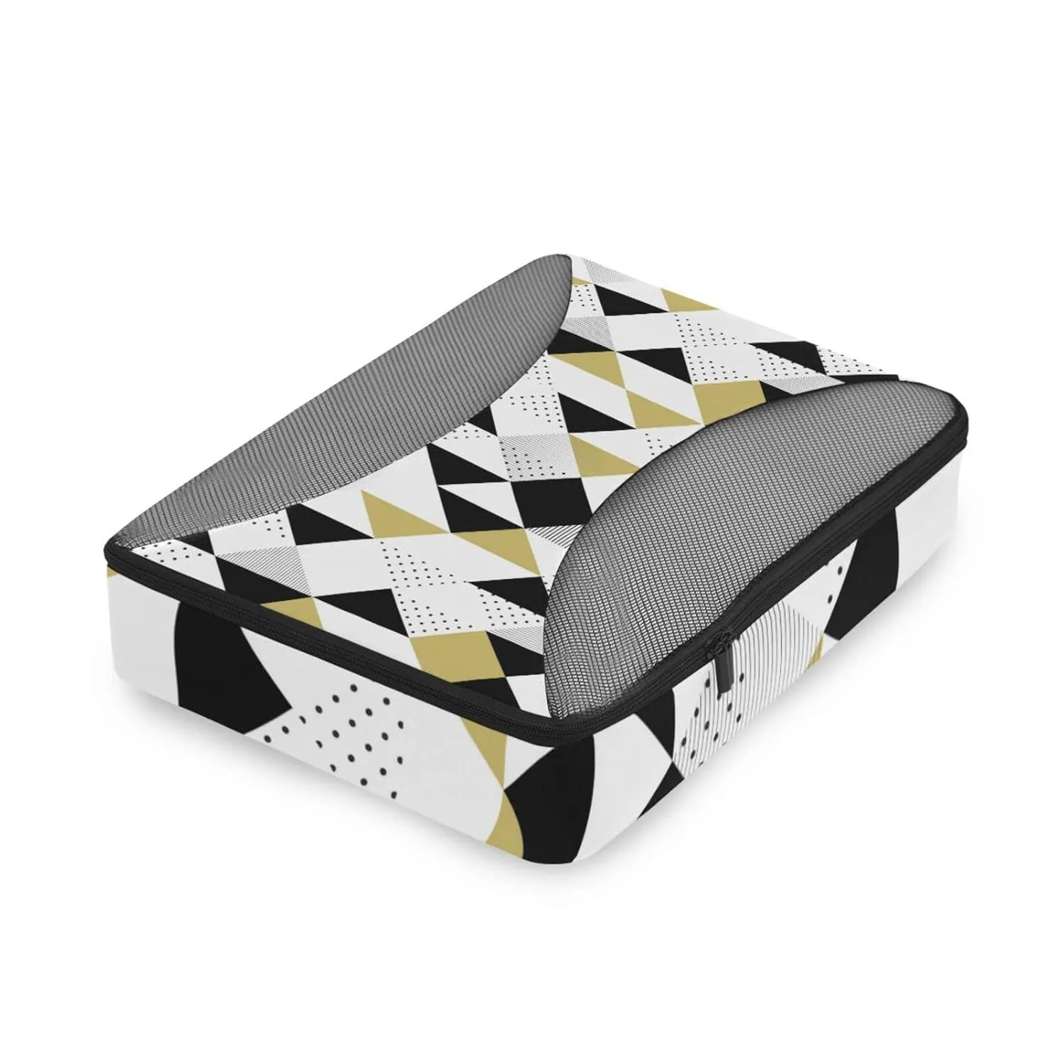 Gold Black and White Triangles, Black Polka Dots Geometric Pattern4 Set Packing Cubes, 600D Oxford Cloth Toiletry Bag, Travel Packing Organizers