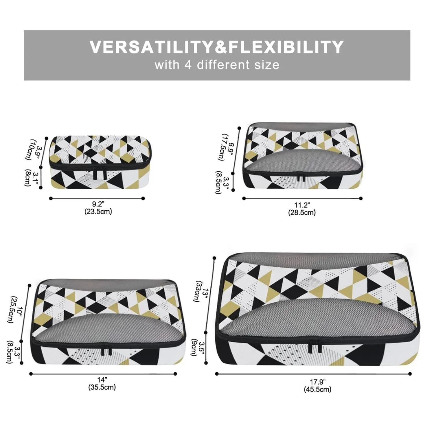 Gold Black and White Triangles, Black Polka Dots Geometric Pattern4 Set Packing Cubes, 600D Oxford Cloth Toiletry Bag, Travel Packing Organizers