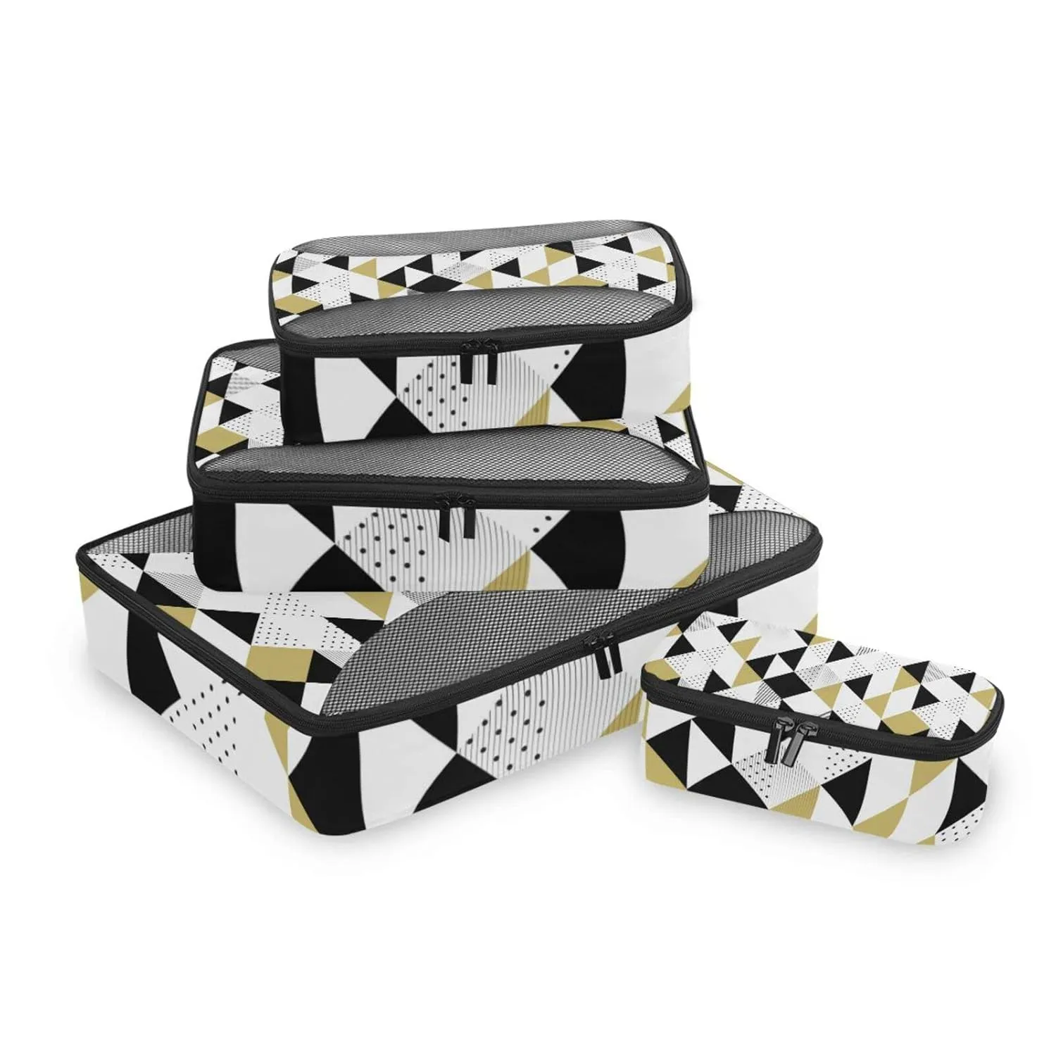 Gold Black and White Triangles, Black Polka Dots Geometric Pattern4 Set Packing Cubes, 600D Oxford Cloth Toiletry Bag, Travel Packing Organizers
