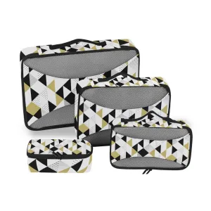 Gold Black and White Triangles, Black Polka Dots Geometric Pattern4 Set Packing Cubes, 600D Oxford Cloth Toiletry Bag, Travel Packing Organizers