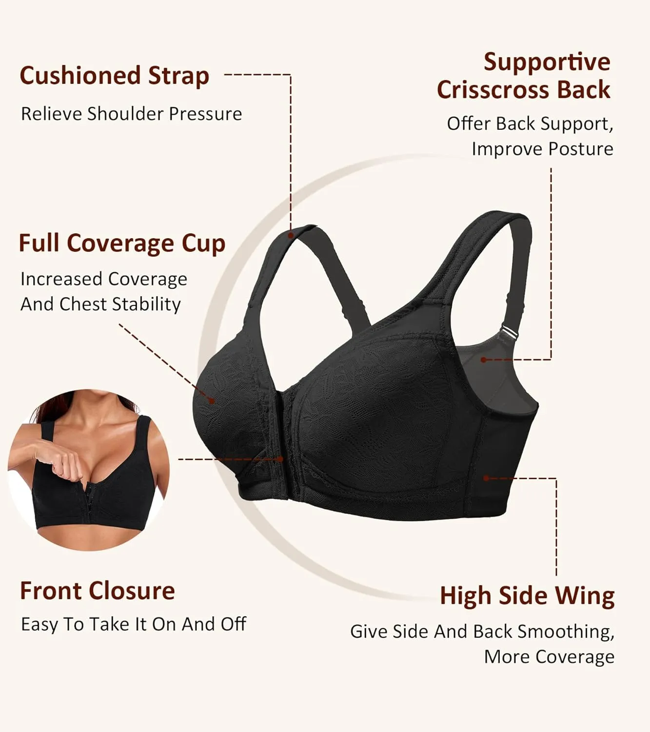 HACI Women's Front Closure Posture Bra Everyday Full Coverage Back Support Wireless Non Padded