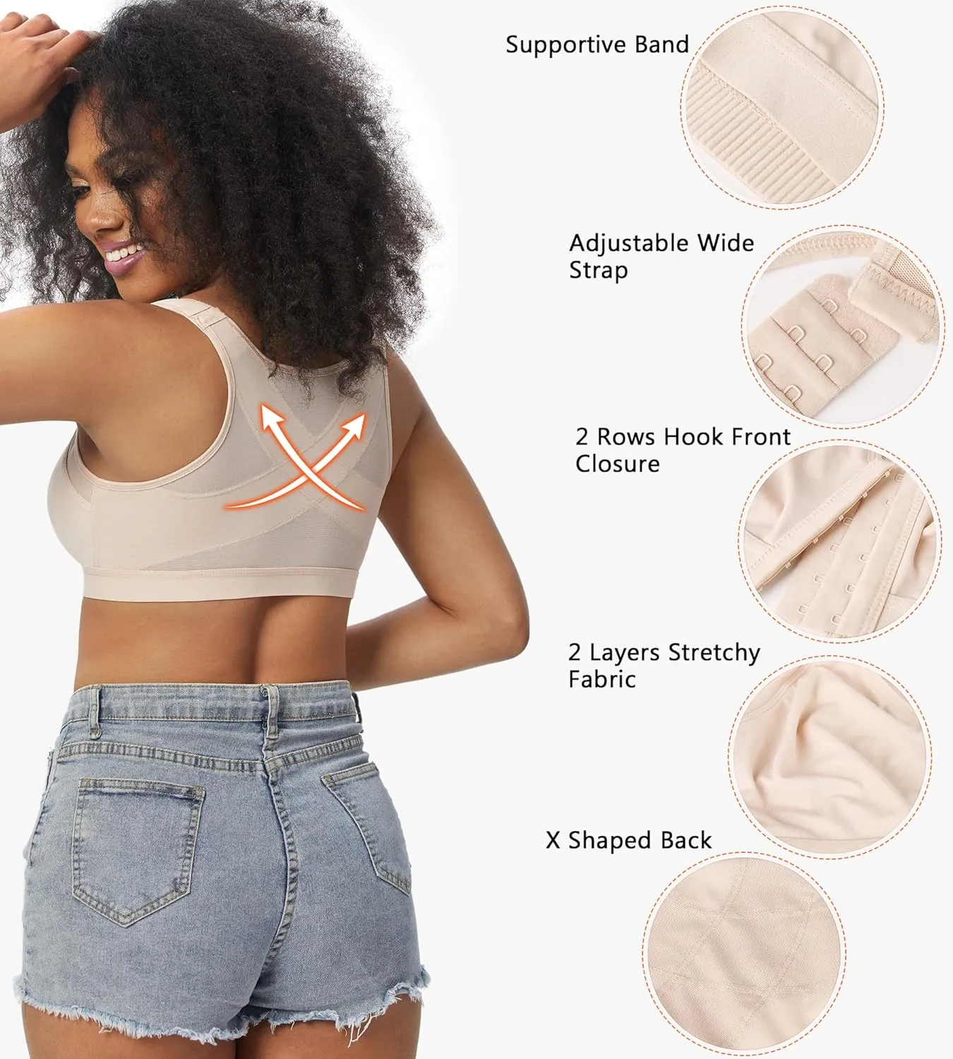 HACI Women's Front Closure Posture Bra Full Coverage Back Support Everyday Wireless Comfy Unpadded Cup