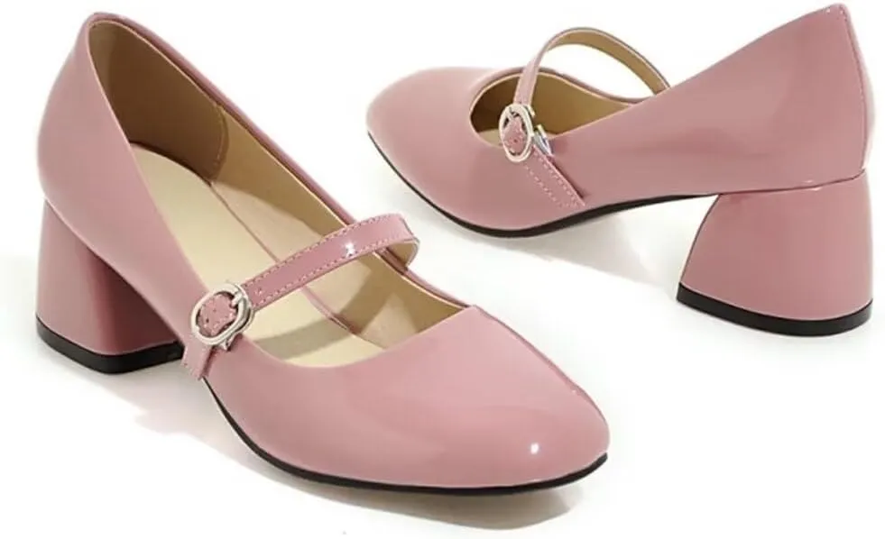 Hee grand Vintage Mary Jane Shoes Chunky Heels for Women Square Toe Adjustable Strap Pump PU Leather Brogue Work Heels Dress Shoes