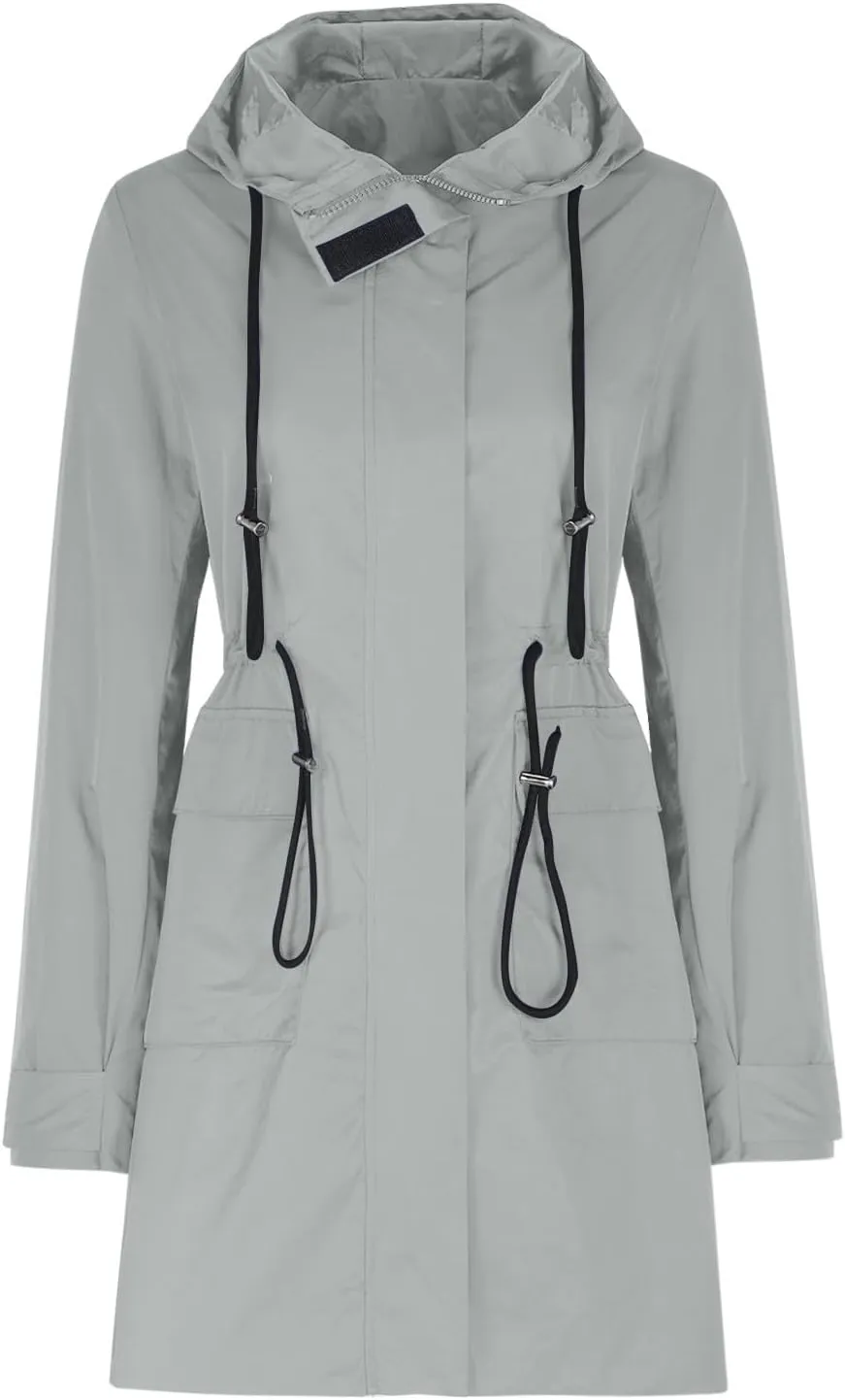HGps8w Women's Drawstring Waist Raincoat Waterproof Hooded Trench Coats Lightweight Outdoor Windbreaker Long Travel Jackets