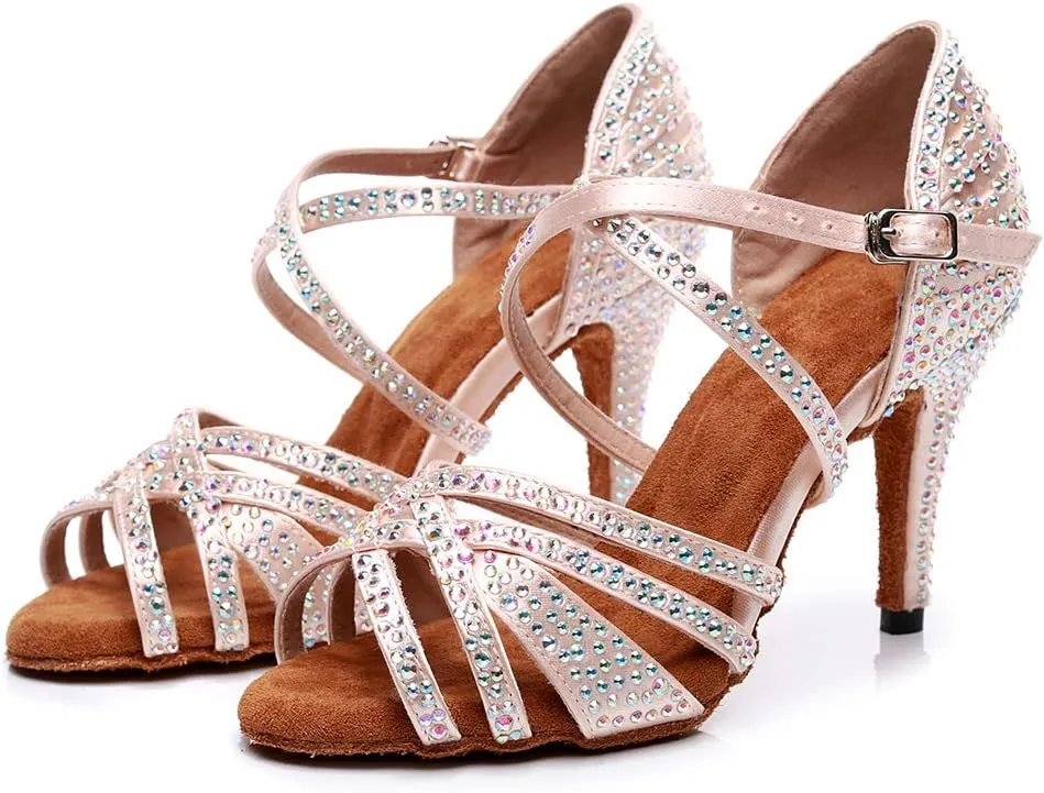 HIPPOSEUS Women Rhinestone Ballroom Dance Shoes Latin Salsa Social Wedding Performance Dance Shoes,Model 7167