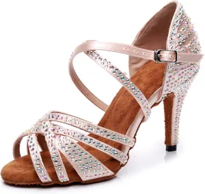 HIPPOSEUS Women Rhinestone Ballroom Dance Shoes Latin Salsa Social Wedding Performance Dance Shoes,Model 7167