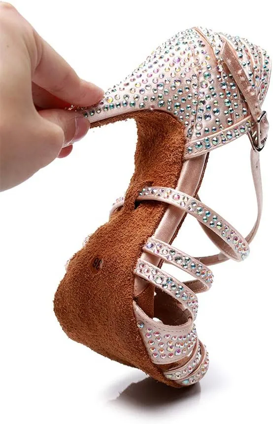 HIPPOSEUS Women Rhinestone Ballroom Dance Shoes Latin Salsa Social Wedding Performance Dance Shoes,Model 7167