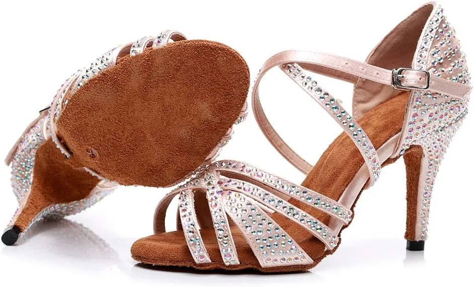 HIPPOSEUS Women Rhinestone Ballroom Dance Shoes Latin Salsa Social Wedding Performance Dance Shoes,Model 7167