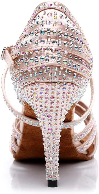 HIPPOSEUS Women Rhinestone Ballroom Dance Shoes Latin Salsa Social Wedding Performance Dance Shoes,Model 7167