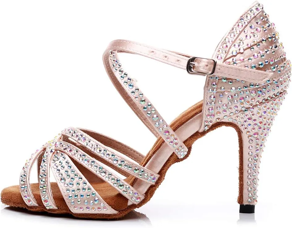 HIPPOSEUS Women Rhinestone Ballroom Dance Shoes Latin Salsa Social Wedding Performance Dance Shoes,Model 7167