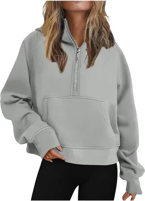 Hoodies for Women Half Zip Long Sleeve Fleece Cropped Sweatshirts Plus Size Loose Casual Fashion Pullover with Pocket