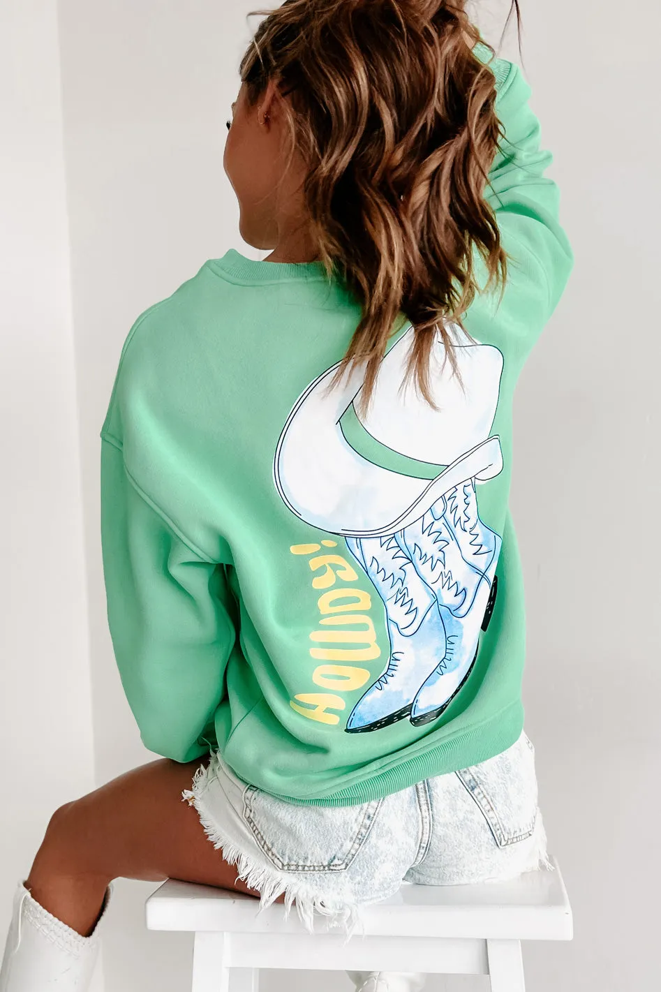 Howdy Cowboy Double-Sided Graphic Crewneck Sweatshirt (Pistachio)