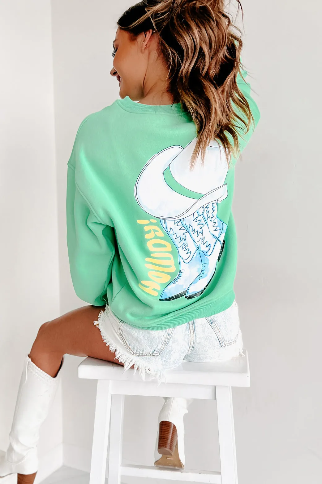 Howdy Cowboy Double-Sided Graphic Crewneck Sweatshirt (Pistachio)