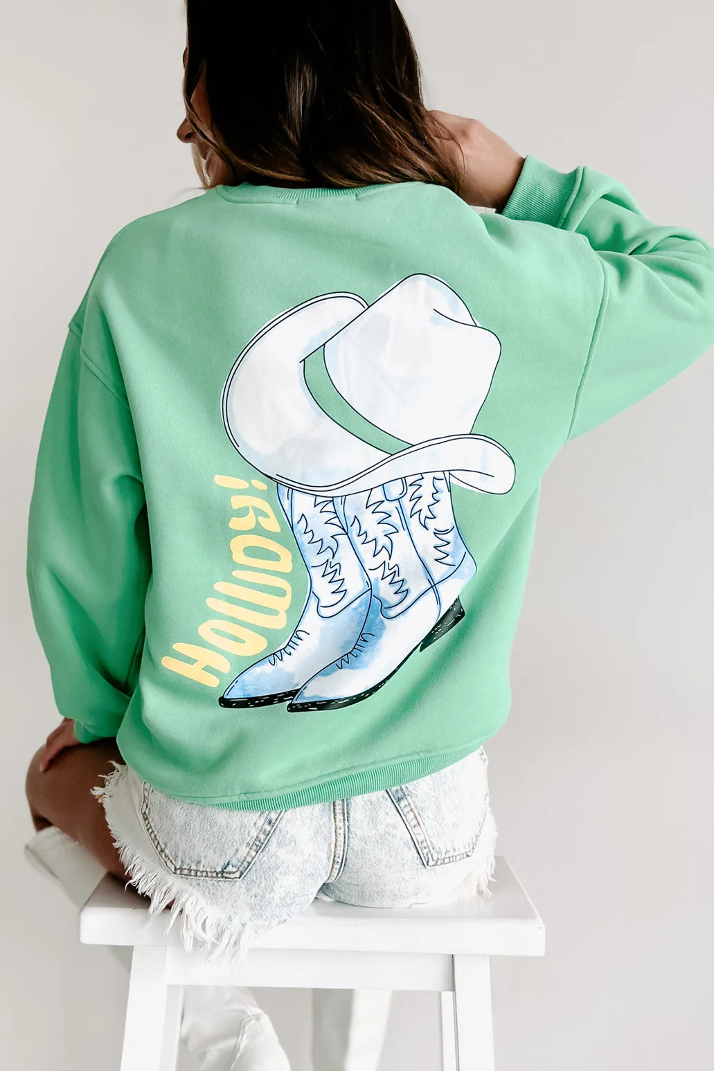 Howdy Cowboy Double-Sided Graphic Crewneck Sweatshirt (Pistachio)