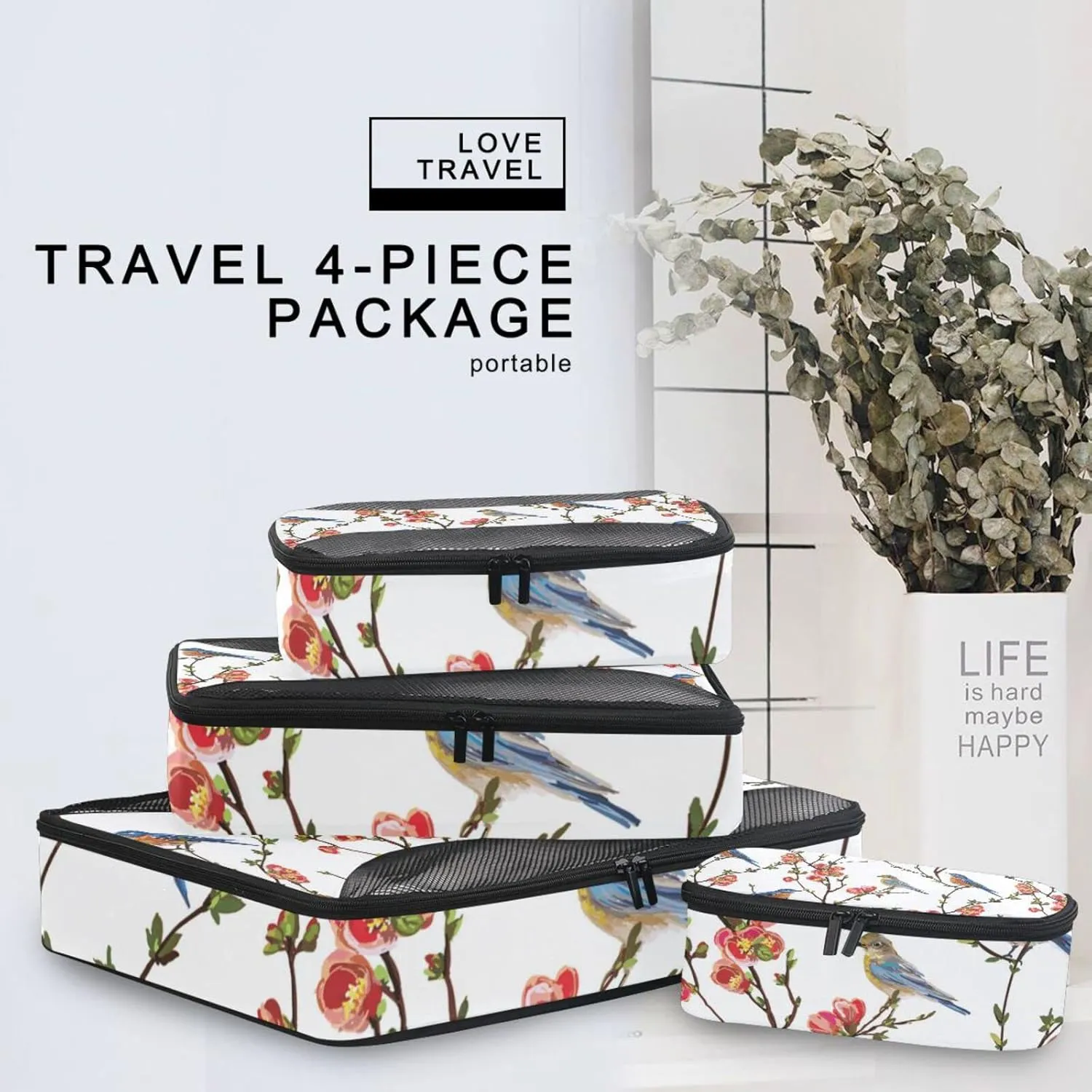 Japanese Spring Tree Branches with Red flowers Green Leaves Birds 4 Set Packing Cubes, Travel Packing Organizers, 600D Oxford Cloth Toiletry Storage Bag, Luggage Mesh Bags for Accessories