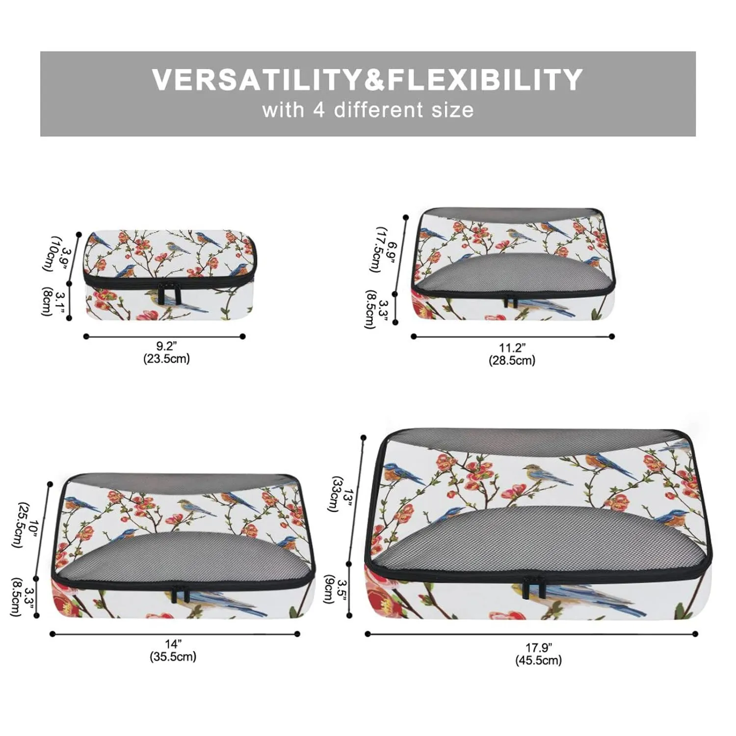 Japanese Spring Tree Branches with Red flowers Green Leaves Birds 4 Set Packing Cubes, Travel Packing Organizers, 600D Oxford Cloth Toiletry Storage Bag, Luggage Mesh Bags for Accessories