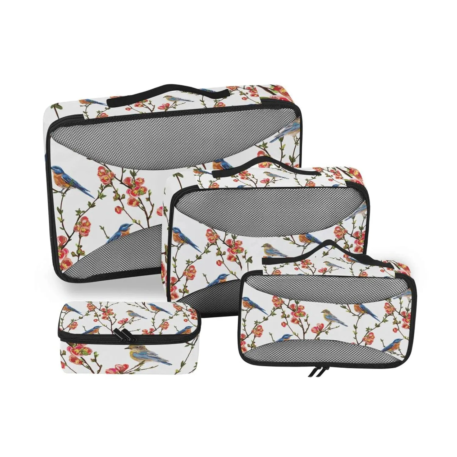 Japanese Spring Tree Branches with Red flowers Green Leaves Birds 4 Set Packing Cubes, Travel Packing Organizers, 600D Oxford Cloth Toiletry Storage Bag, Luggage Mesh Bags for Accessories