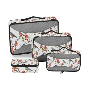 Japanese Spring Tree Branches with Red flowers Green Leaves Birds 4 Set Packing Cubes, Travel Packing Organizers, 600D Oxford Cloth Toiletry Storage Bag, Luggage Mesh Bags for Accessories