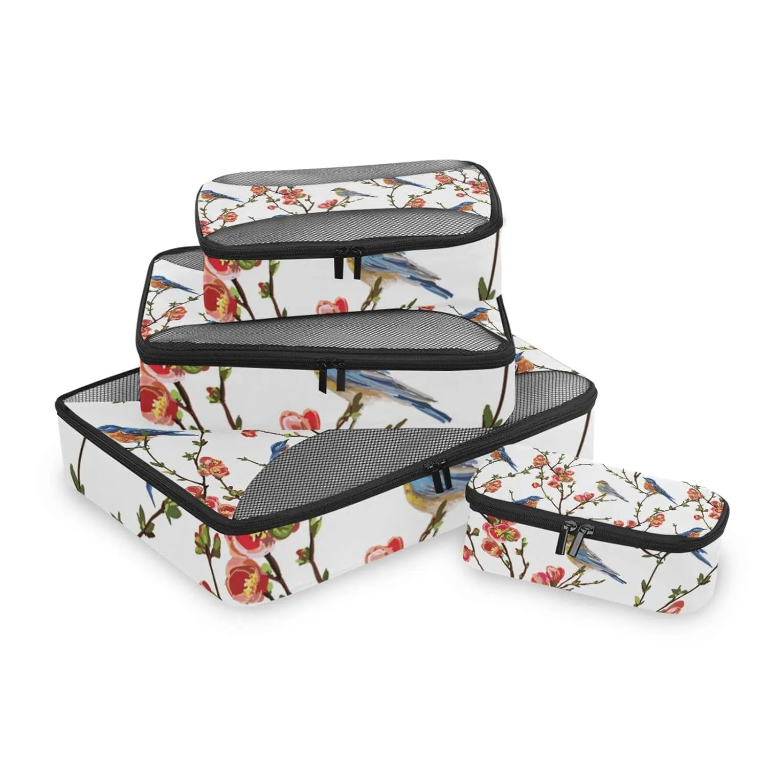 Japanese Spring Tree Branches with Red flowers Green Leaves Birds 4 Set Packing Cubes, Travel Packing Organizers, 600D Oxford Cloth Toiletry Storage Bag, Luggage Mesh Bags for Accessories
