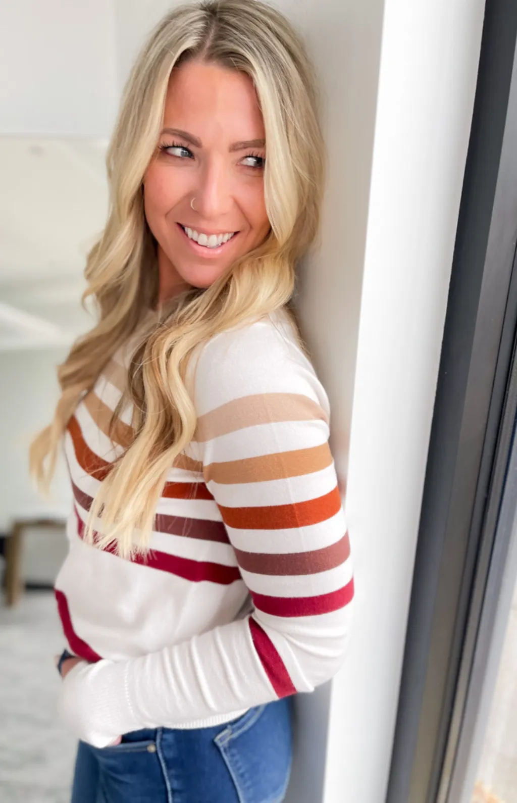 Jenna Multi Striped Long Sleeve White Top