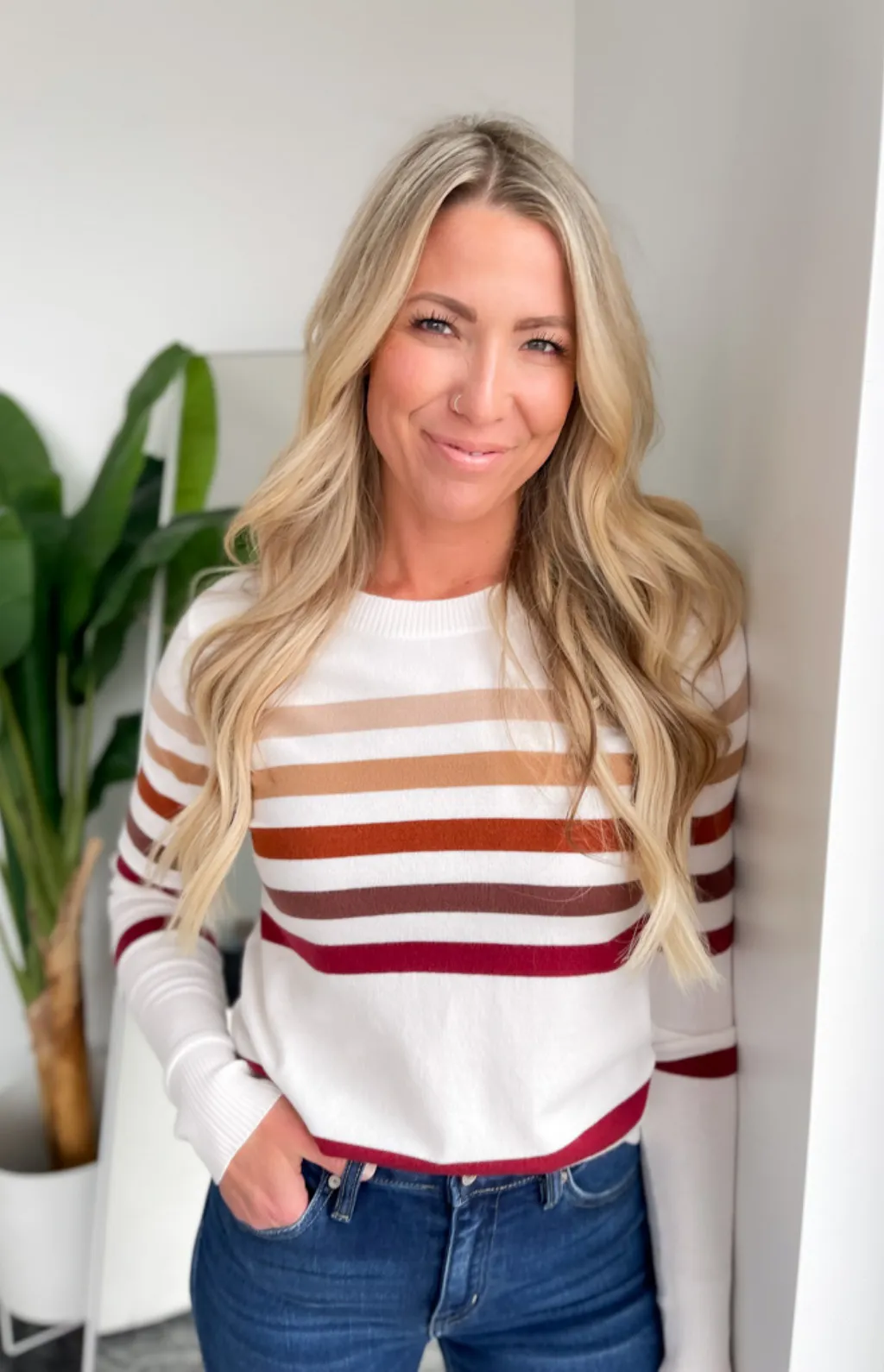 Jenna Multi Striped Long Sleeve White Top