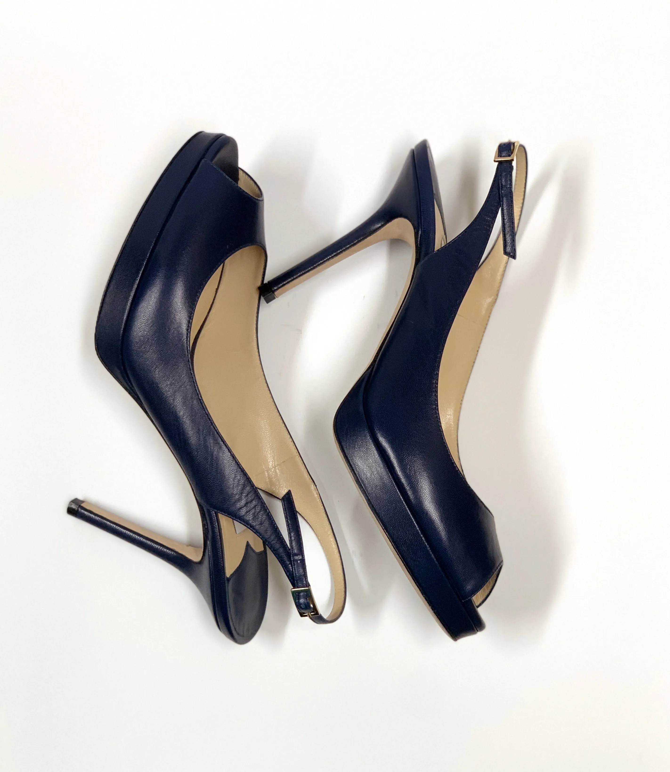 JIMMY CHOO NOVA PEEP-TOE LEATHER PLATFORM SLINGBACK PUMPS SIZE 38