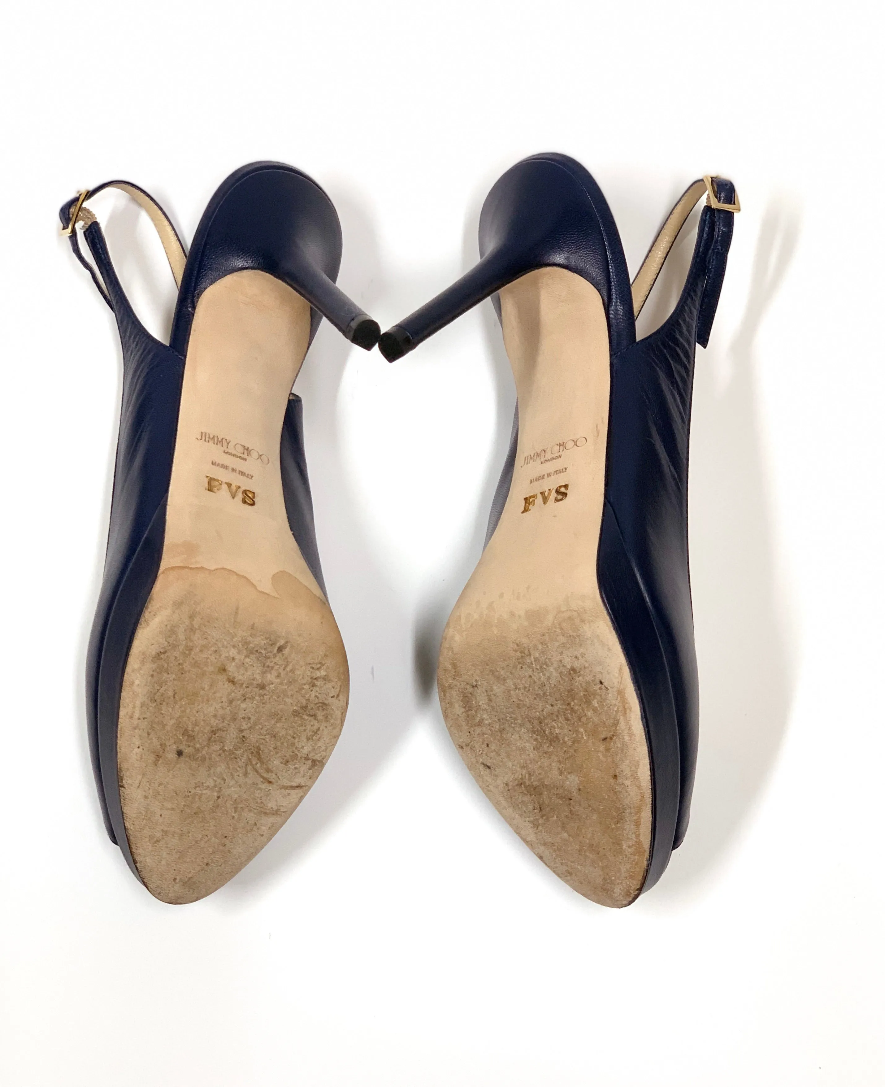 JIMMY CHOO NOVA PEEP-TOE LEATHER PLATFORM SLINGBACK PUMPS SIZE 38