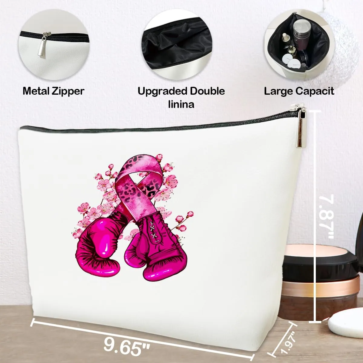 JioJio Chan Breast Cancer Gift for Woman, Breast Cancer With Boxing Glove Makeup Bag, Best Survivor Gifts for Patient Awareness Accessory, Chemo Bag Idea, PU Cosmetic Organizer