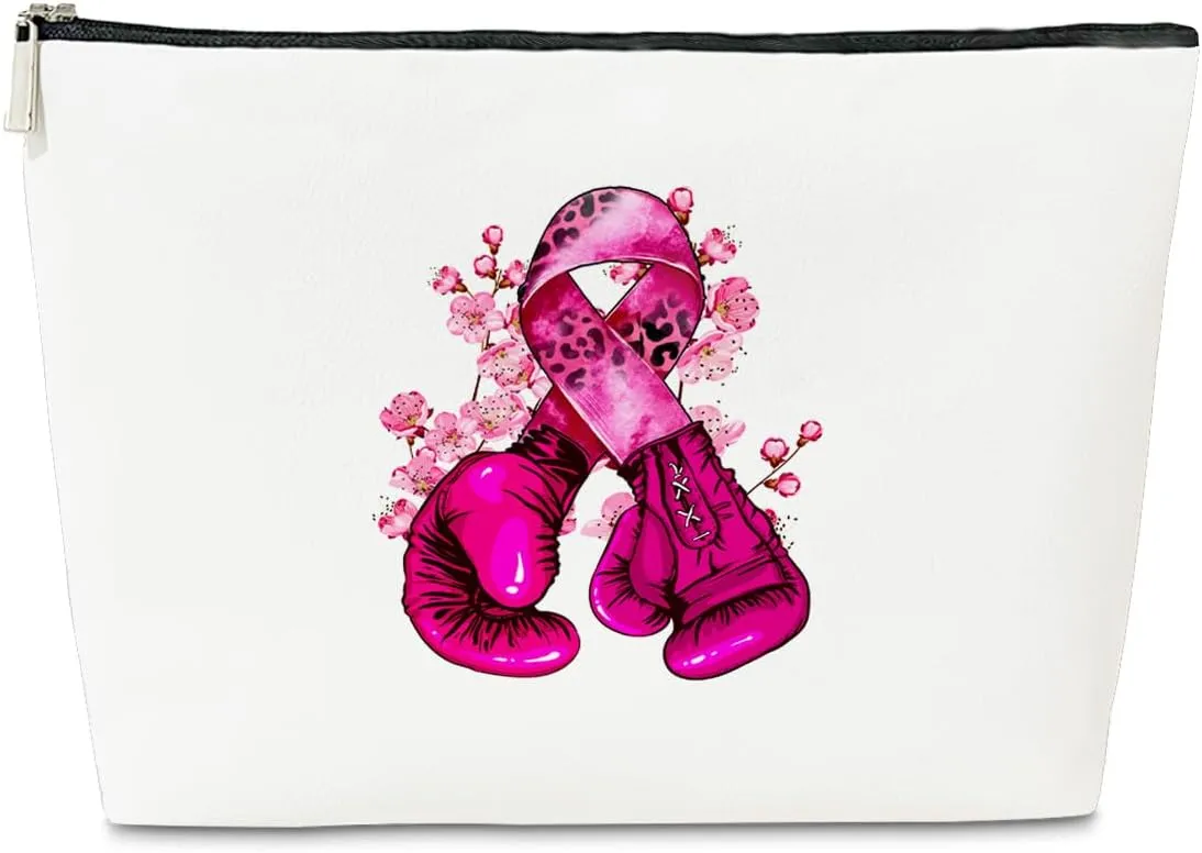 JioJio Chan Breast Cancer Gift for Woman, Breast Cancer With Boxing Glove Makeup Bag, Best Survivor Gifts for Patient Awareness Accessory, Chemo Bag Idea, PU Cosmetic Organizer