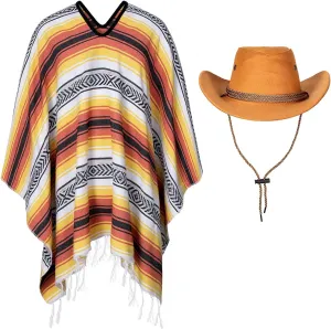 KAIPUTE Western Cowboy Costume Men's Cloak Hat for Adult Halloween Party Cosplay