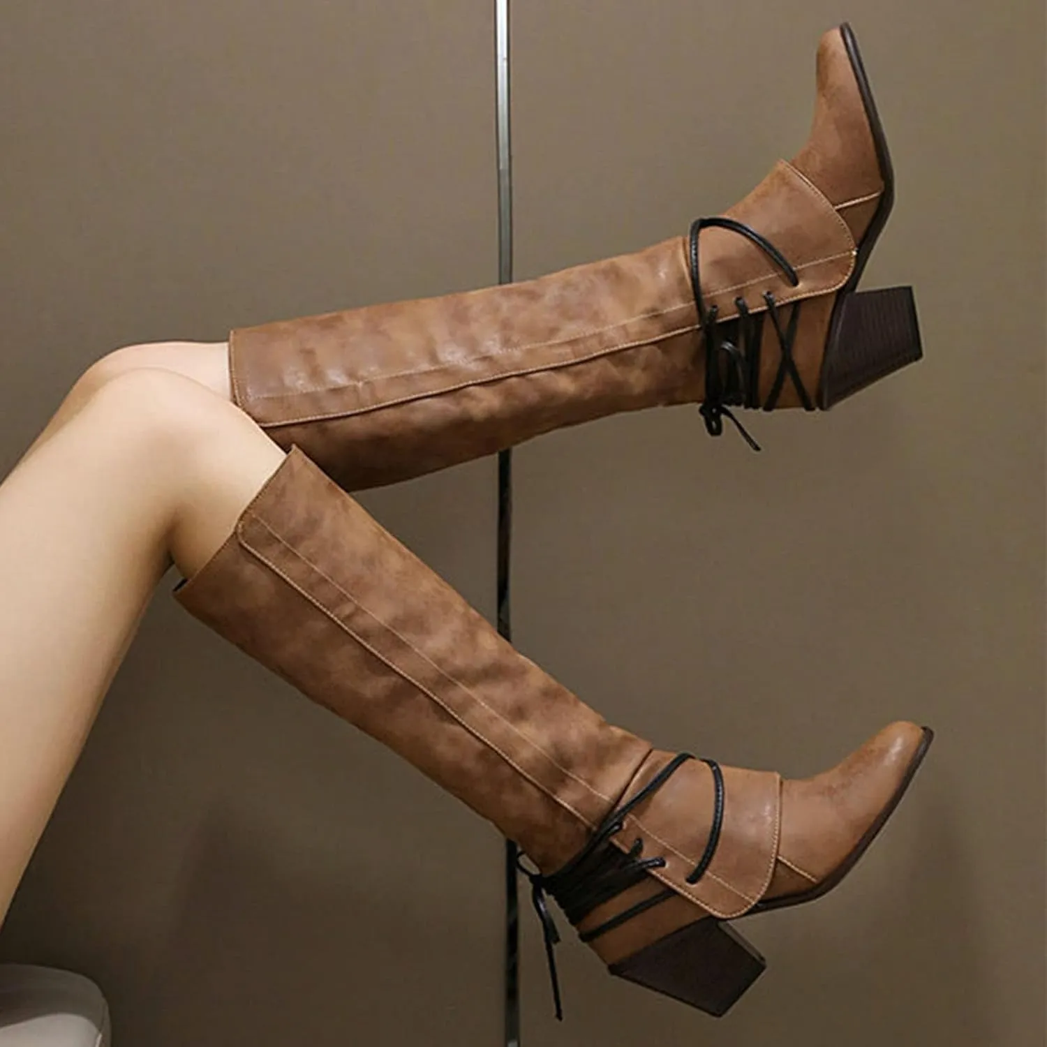 Knee High Boots Women - Vintage Pointed Toe Straps Lace Up Chunky Heel Long Boots Winter Warm Solid High Heel Leather Riding Boots Casual Shoes
