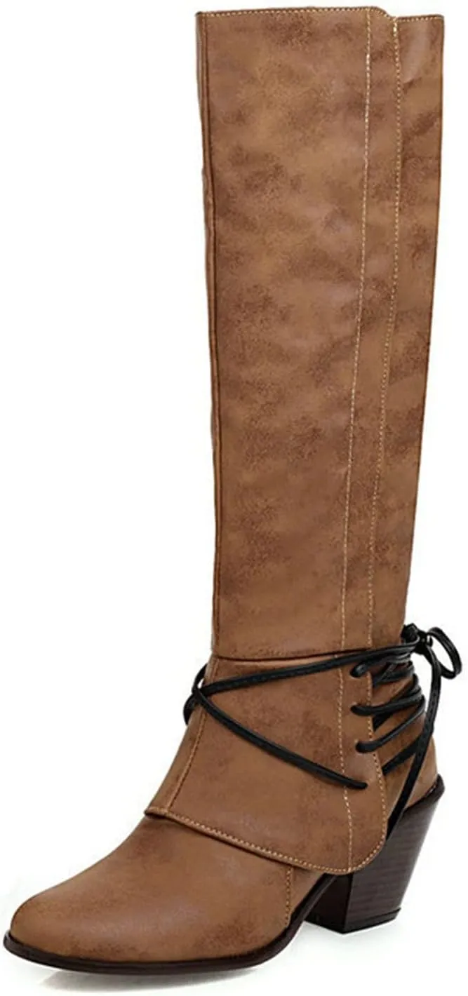 Knee High Boots Women - Vintage Pointed Toe Straps Lace Up Chunky Heel Long Boots Winter Warm Solid High Heel Leather Riding Boots Casual Shoes