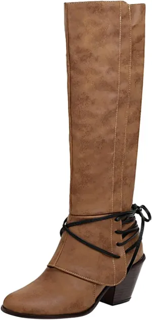 Knee High Boots Women - Vintage Pointed Toe Straps Lace Up Chunky Heel Long Boots Winter Warm Solid High Heel Leather Riding Boots Casual Shoes