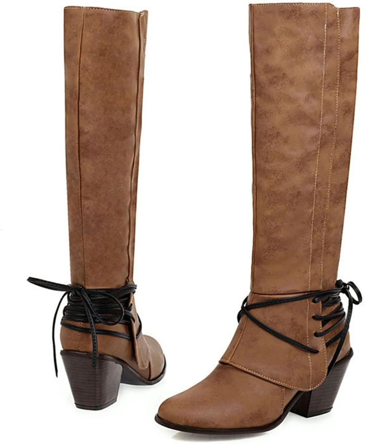 Knee High Boots Women - Vintage Pointed Toe Straps Lace Up Chunky Heel Long Boots Winter Warm Solid High Heel Leather Riding Boots Casual Shoes