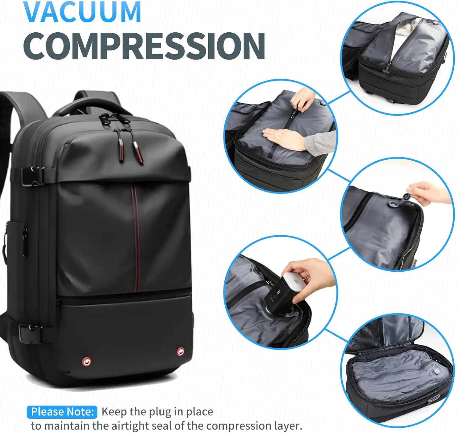 Kuvictewl Vacuum Backpack, Travel Backpack with Vacuum System, Airback Vacuum Seal Compression Backpack with Pump for Travel, Water Resistant, 60L Exapandable, TSA Lock