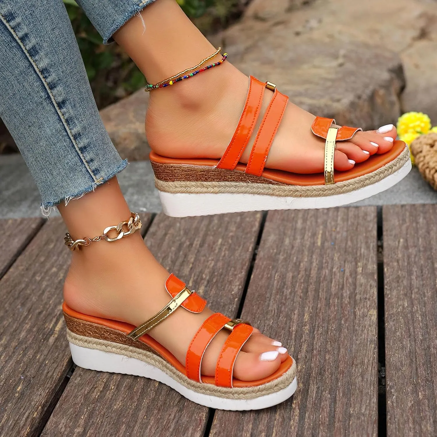 Ladies Casual Colour Blocking Soft Leather Woven Straw Bottom Thick Bottom Slope Heel Large Born Womens Sandals Size 9