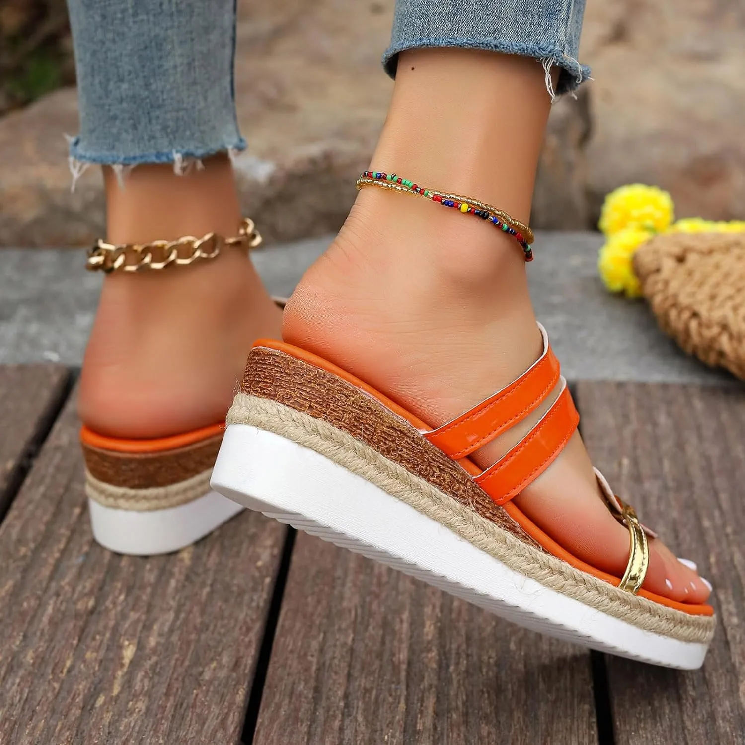Ladies Casual Colour Blocking Soft Leather Woven Straw Bottom Thick Bottom Slope Heel Large Born Womens Sandals Size 9