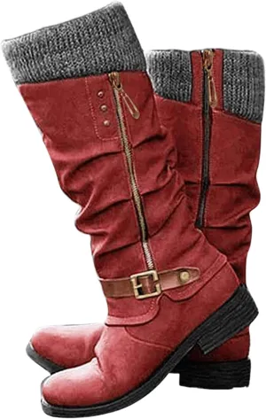 Ladmiple Cowgirl Boots Women Wide Calf Knee High Western Boots Pointed Toe Chunky Heel Stitching Pull On Cowboy Boots