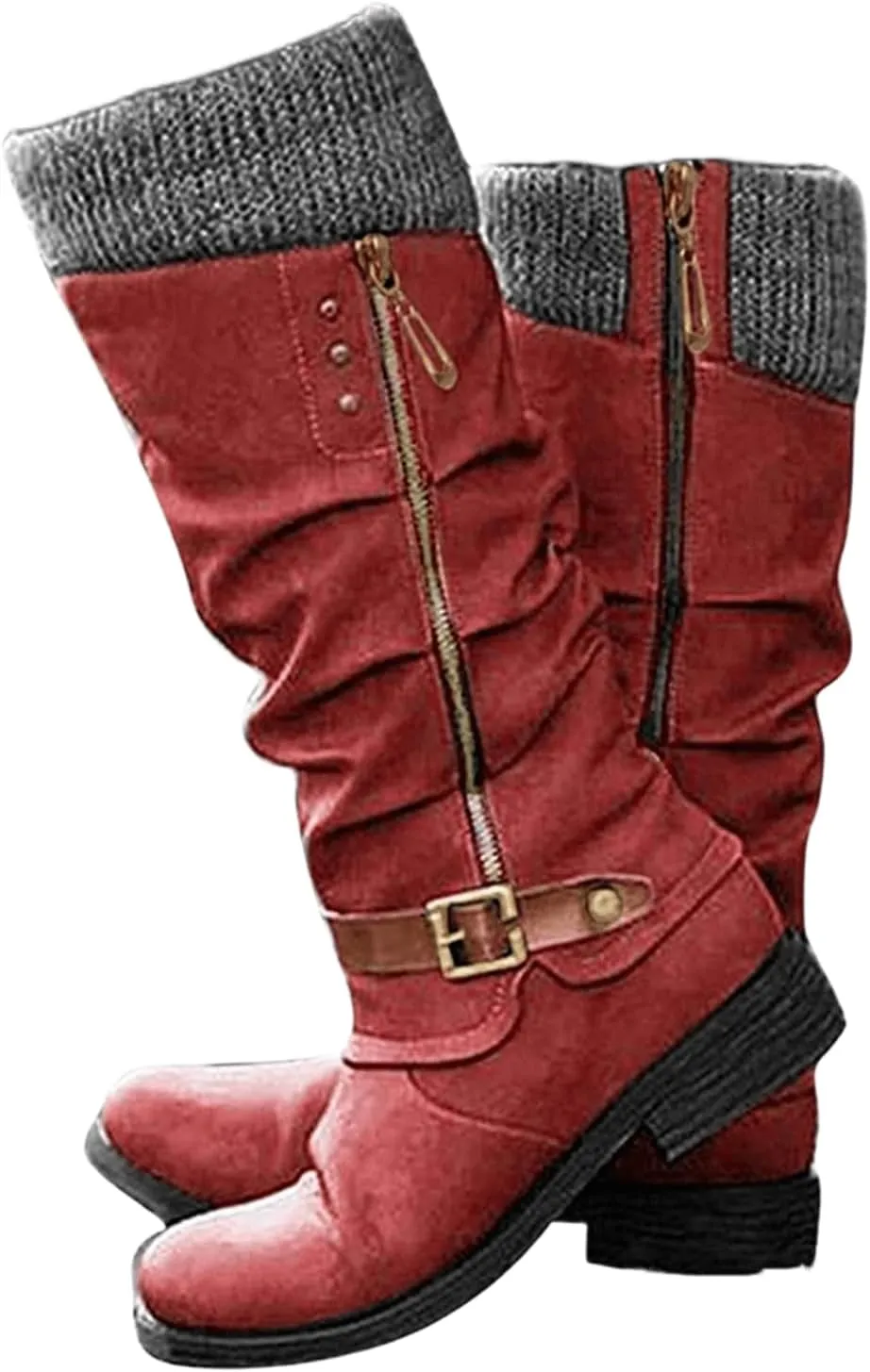 Ladmiple Cowgirl Boots Women Wide Calf Knee High Western Boots Pointed Toe Chunky Heel Stitching Pull On Cowboy Boots