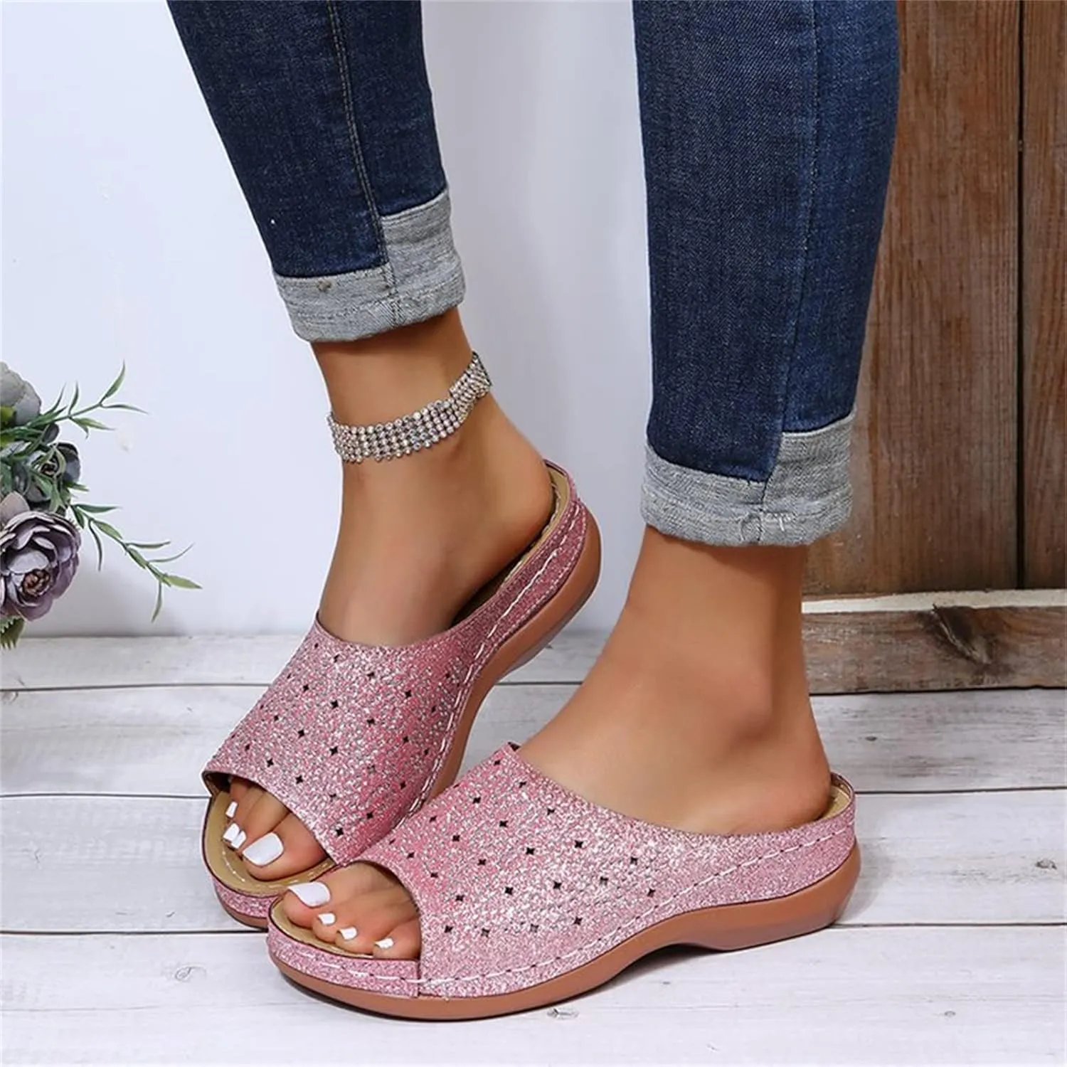 Ladmiple Sandals for Women Casual Summer 2023 Sparkly Orthopedic Sandal with Arch Support Roman Open Toe Flip Flop Shoes