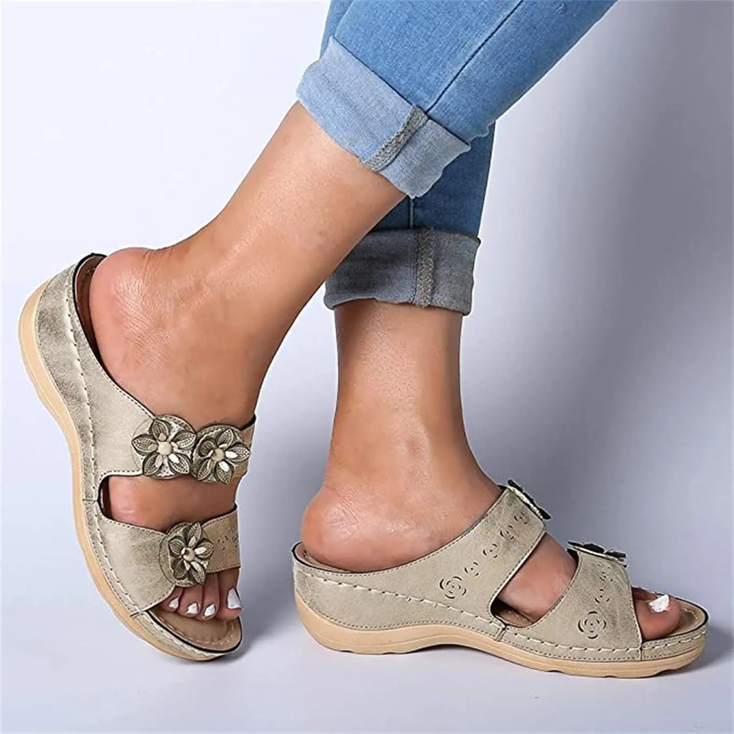 Ladmiple Sandals for Women Casual Summer Flower Orthopedic Sandal with Arch Support Beach Roman Open Toe Flip Flops Shoe