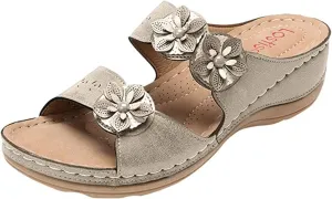 Ladmiple Sandals for Women Casual Summer Flower Orthopedic Sandal with Arch Support Beach Roman Open Toe Flip Flops Shoe