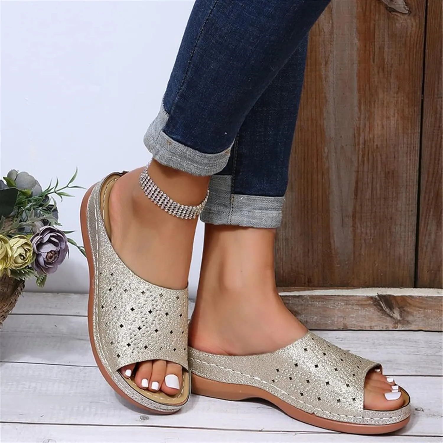 Ladmiple Sandals for Women Casual Summer Womens Sparkly Orthopedic Sandal Arch Support Roman Open Toe Flip Flop Shoes