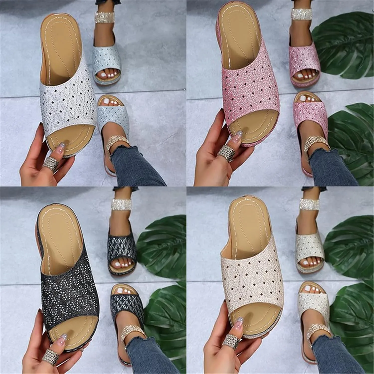 Ladmiple Sandals for Women Casual Summer Womens Sparkly Orthopedic Sandal Arch Support Roman Open Toe Flip Flop Shoes