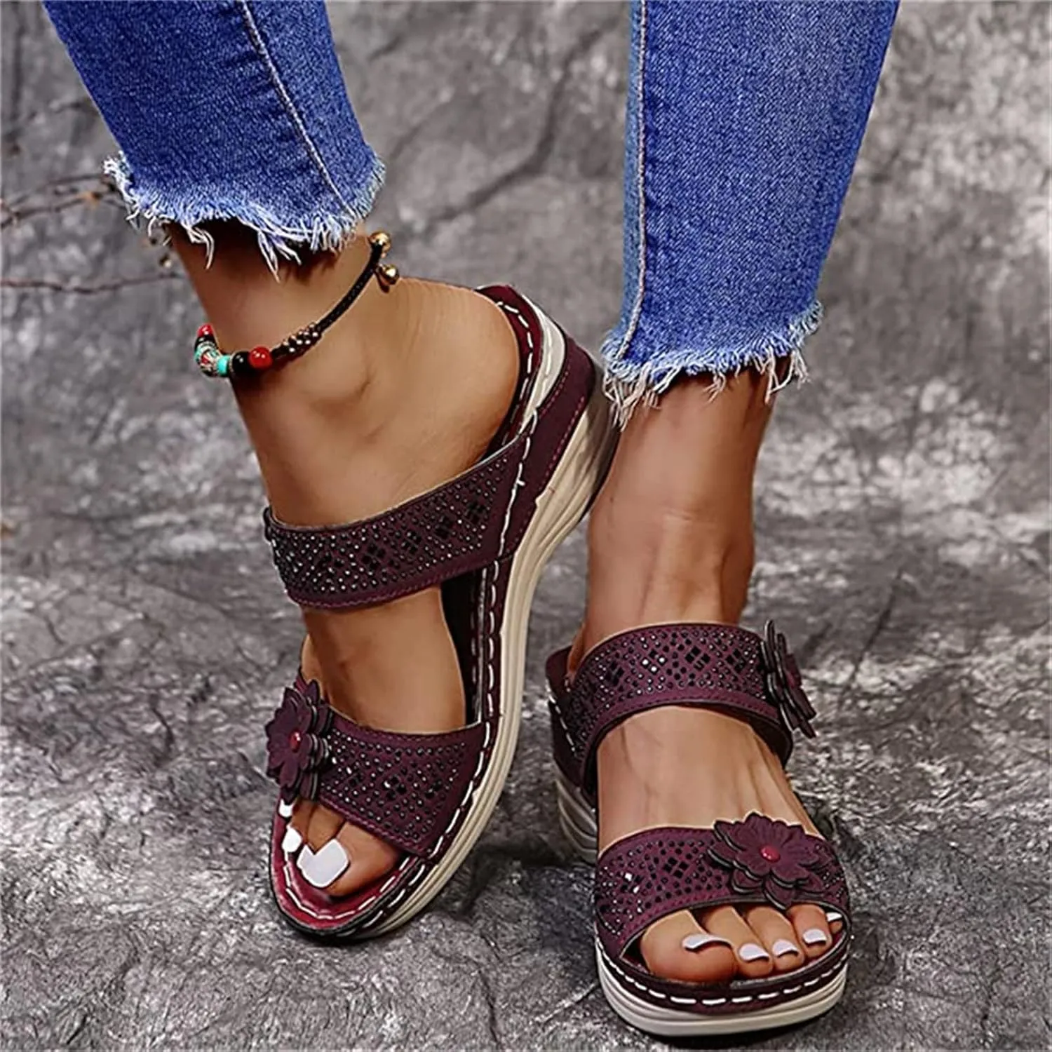 Ladmiple Sandals Women 2023 Fashion Flower Orthopedic Flip Flops Arch Support Wedge Slippers Casual Roman Slip On Sandal