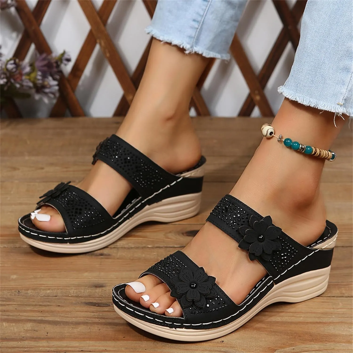 Ladmiple Sandals Women 2023 Fashion Flower Orthopedic Flip Flops Sandal Arch Support Wedge Slippers Roman Slip On Sandal